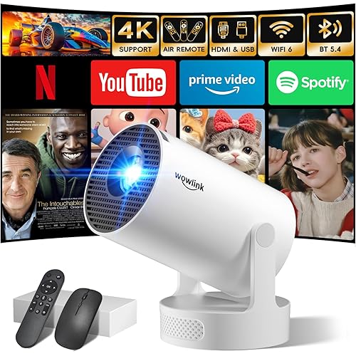 [Built-in Apps & 2025 Upgraded] Mini Projector with WiFi 6 and Bluetooth 5.4 Support 4K 1080P Auto Keystone 180° Rotatable Projector Portable Compatibile with HDMI/TV Stick/Memory Stick/Laptop, White