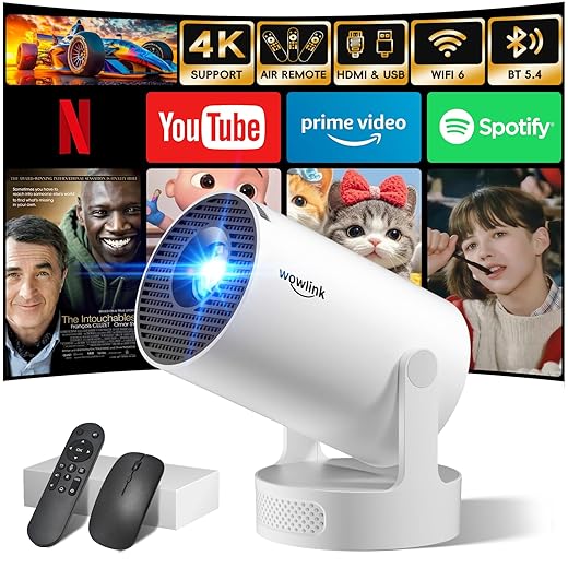 [Built-in Apps & 2025 Upgraded] Mini Projector with WiFi 6 and Bluetooth 5.4 Support 4K 1080P Auto Keystone 180° Rotatable Projector Portable Compatibile with HDMI/TV Stick/Memory Stick/Laptop, White