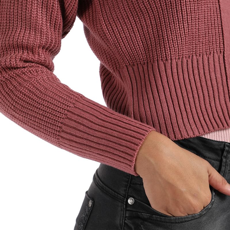 Image of PINACOLADA Women's Solid Ribbed Cropped CardiganFor Casual Wear | V Neck | Long Sleeve | Wool Sweater Crafted with Comfort Fit for Everyday Wear