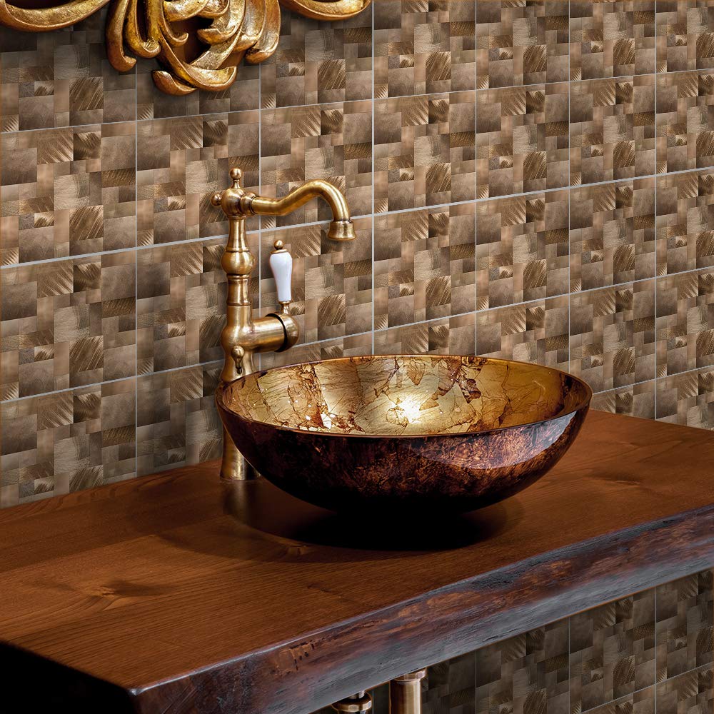 Floor Wall Tile Transfers Sticker for Home Decor, Peel & Stick self-Adhesive splashback, Tile Decals for Living Room Kitchen Bathroom Decor,15cmX15cmX 10 Pieces, Copper Metallic Mosaic Tile Sticker