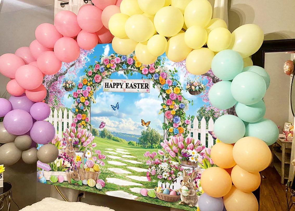 Happy Easter Backdrop Easter Garden Rabbit Colorful Eggs Photoshoot Background Spring Bunny Floral Party Decoration Banner Booth Props (7x5FT(82 x 59 inch))