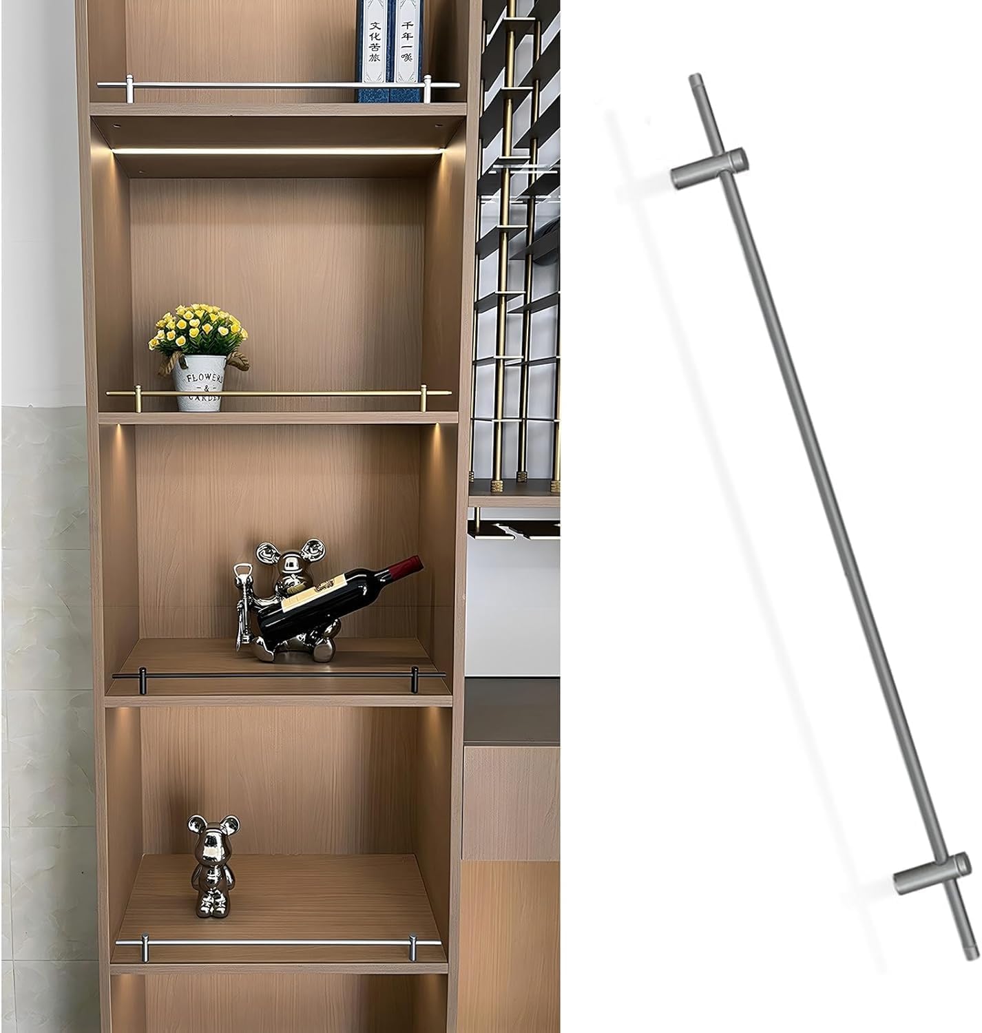 Usknxiu Metal Shelf Rail for Wood Shelves, 42 41 40 39 38 36 30 28 24 20 16 14 12 10 8 Inch Aluminum Alloy Anti-Fall Guard Fence, Brass Rails for Shelves and Kitchen Cabinets,Gray,26in/66cm,2