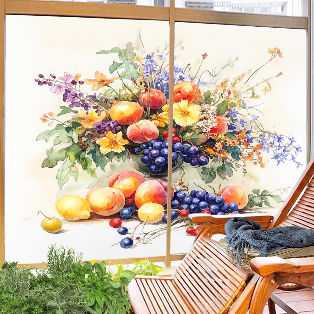 Fensterfolie, Motiv: Aquarell, Blumen, Früchte, Buntglas, Bauernhaus, Retro, Frucht, dekorative Milchglas-Sichtschutzfolie, Wärmeregulierung, statische Haftung, Fensteraufkleber, 90 x 140 cm, 2 Stück