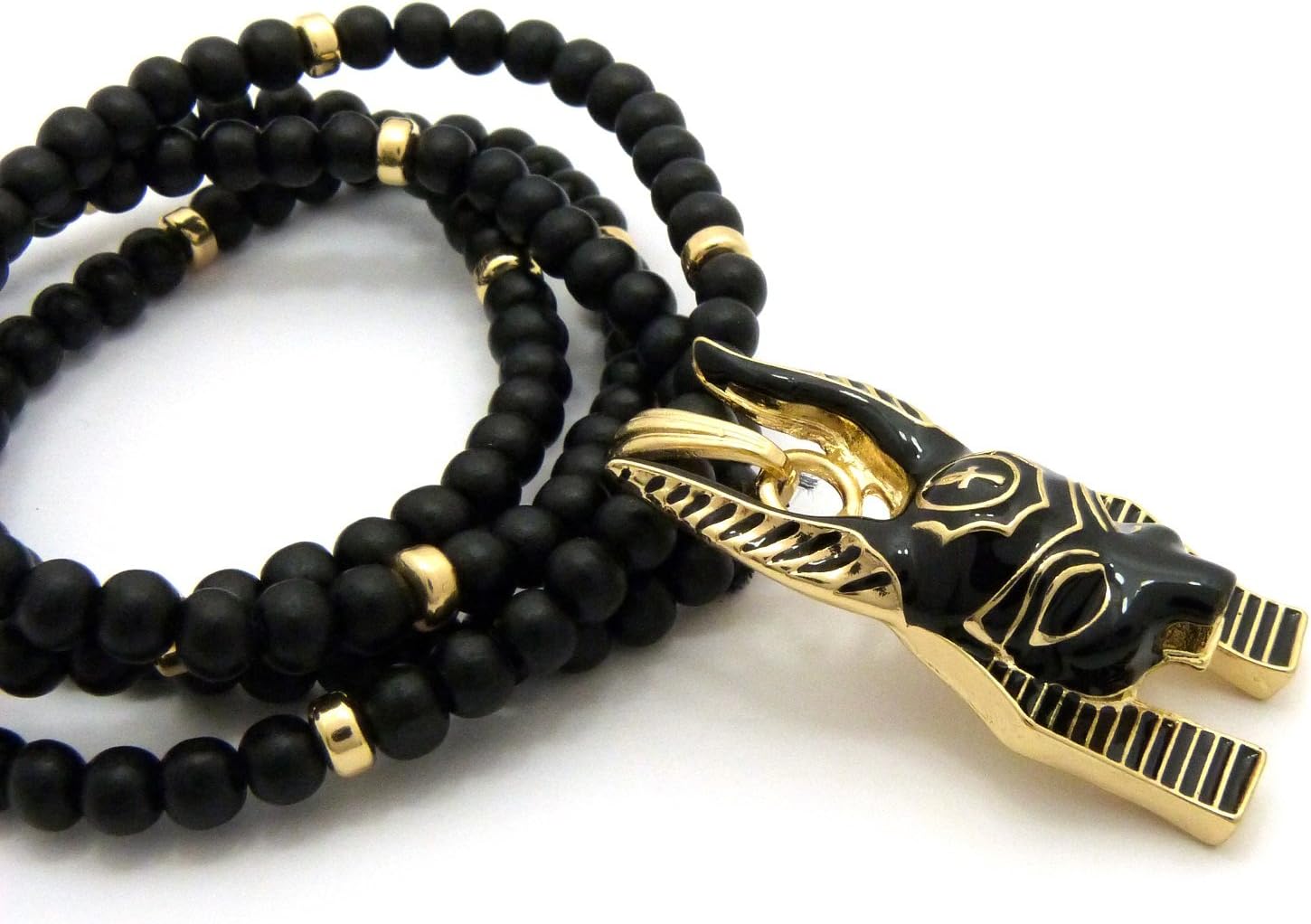 Fashion 21 Egypt God Anubis Head Pendant 6mm 30" Wooden Bead Necklace in Gold, Silver Tone