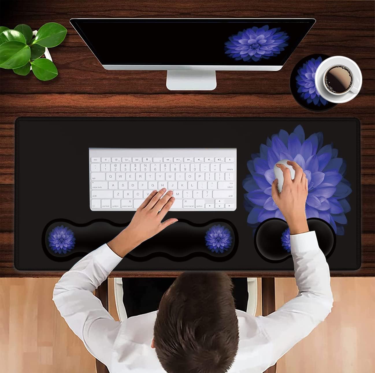 Ergonomic Mouse Pad Set, Desk Mat(31.5×11.8 in) + Keyboard Wrist Rest Support + Mouse Wrist Rest + Coasters for Office,Home,Computer,Laptop -Purple Flowers Cute Black Gaming Large Mousepads XXL