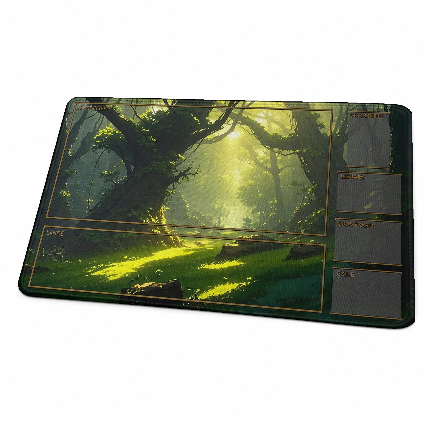 MTG Playmat, Fantasy Forest Landscape TCG Game Mat with Zones, 24 x 14 Inch HD Dense Fine Weave Surface, Non‑Slip Rubber Backing With Storage Bag for Card Games (Sunlit Woodland With Zones) — image 1
