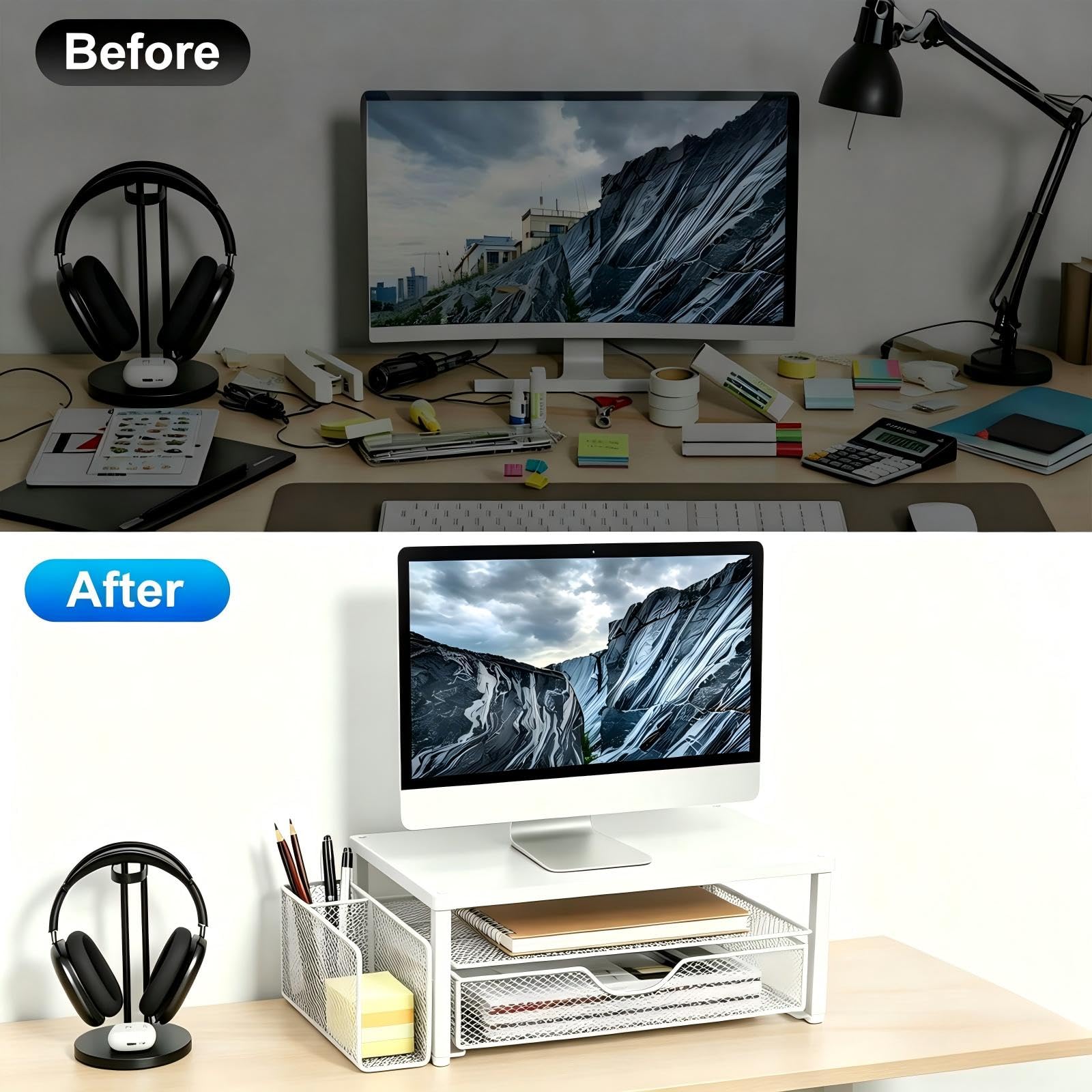 Spacrea Organizer da scrivania e accessori, supporto per monitor del computer con cassetto e 1 portapenne aperto, supporto per stampante e laptop, accessori da scrivania per casa e ufficio (bianco)