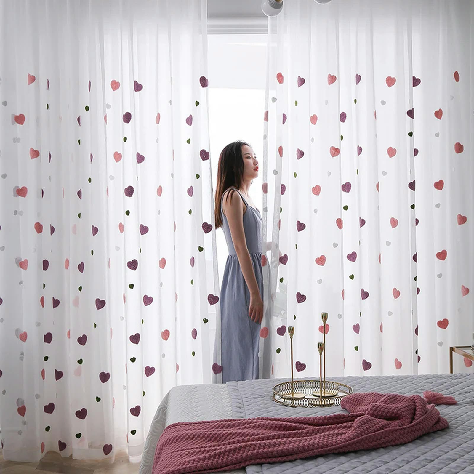 Süße rosa Herz-Tüll-Kinder-Mädchen-Schlafzimmer-Cartoon-Stickerei-Vorhänge, Tüll-Wohnzimmervorhänge
