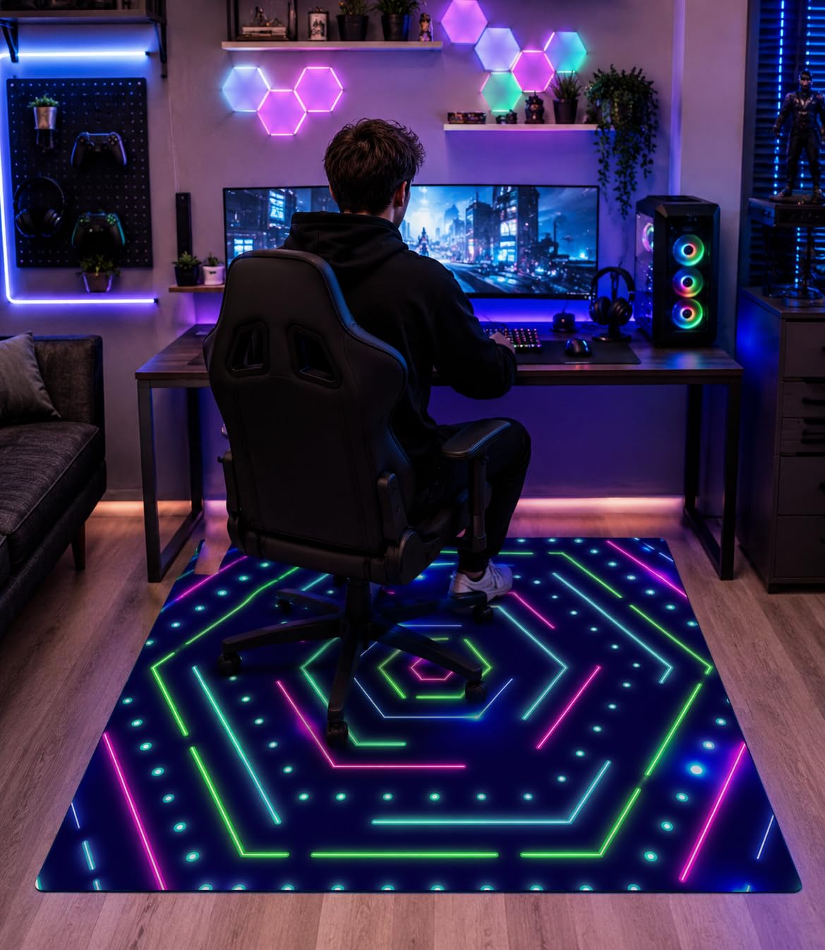 Alfombra Gamer Vinilo blando resistente al desgaste | Hexa 160x120 cm | Lavable antideslizante para habitacion juvenil Gaming Cocina Pasillo terraza exterior diseños originales o personalizados