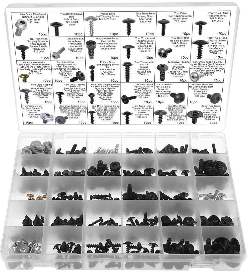 Swordfish 30510-Auto Body Trim Screw Bolt Assortment for VW & Audi, Package of 300 Pieces, Total 30 Sizes, Hard to Find Professional Grade Fasteners