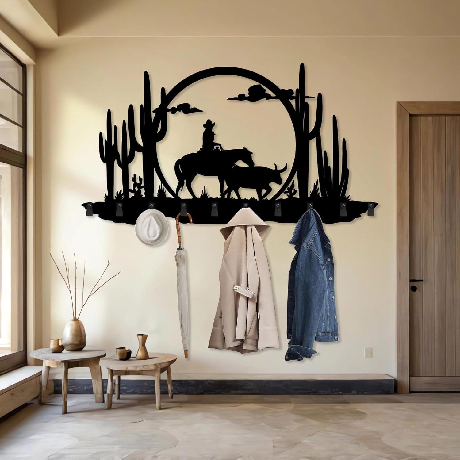 Cowboy Scene and Horse Coat Rack, Wild West Wall Mounted, Rustic Western Cowboy Metal Coat Rack, Cowboy Metal Wall Hanging, Wild West Home Decor (Gold, 13"x24"|33x60cm)