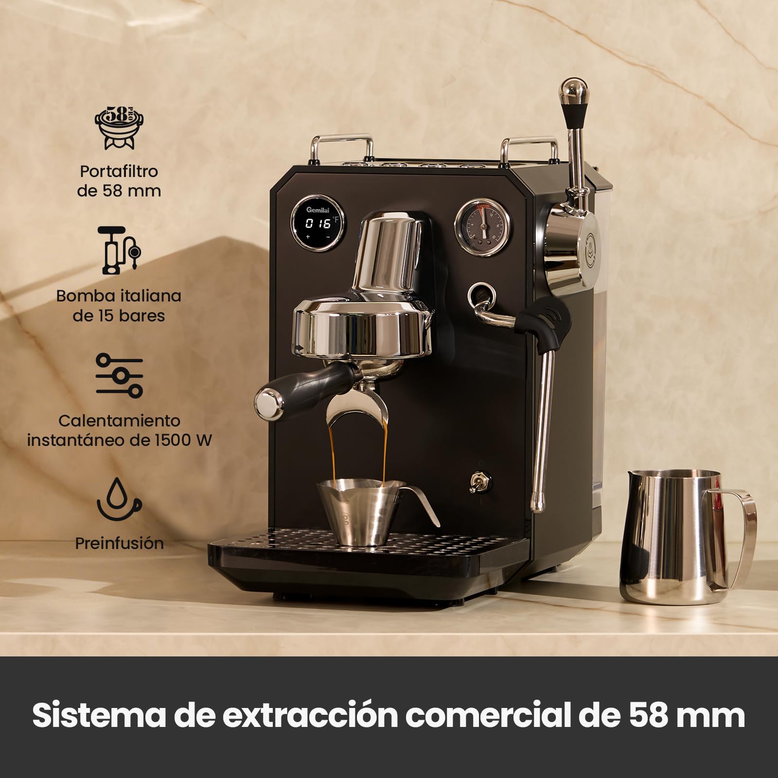 Gemillai Owl G3006, cafetera espresso doméstica, cabezal de grupo comercial de 58 mm y control de temperatura PID, cafetera de acero inoxidable para latte art de calidad barista, expositor, negro