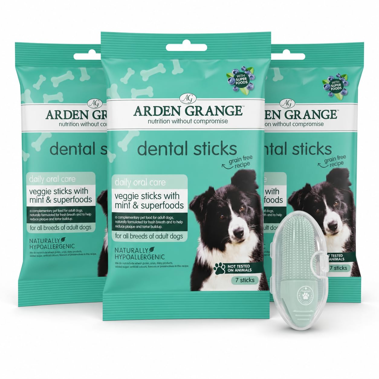 Arden Grange Dog Dental Sticks With Mint & Superfoods And Dog Toothbrush Bundle (3 x 180g). Grain Free & Naturally Hypoallergenic