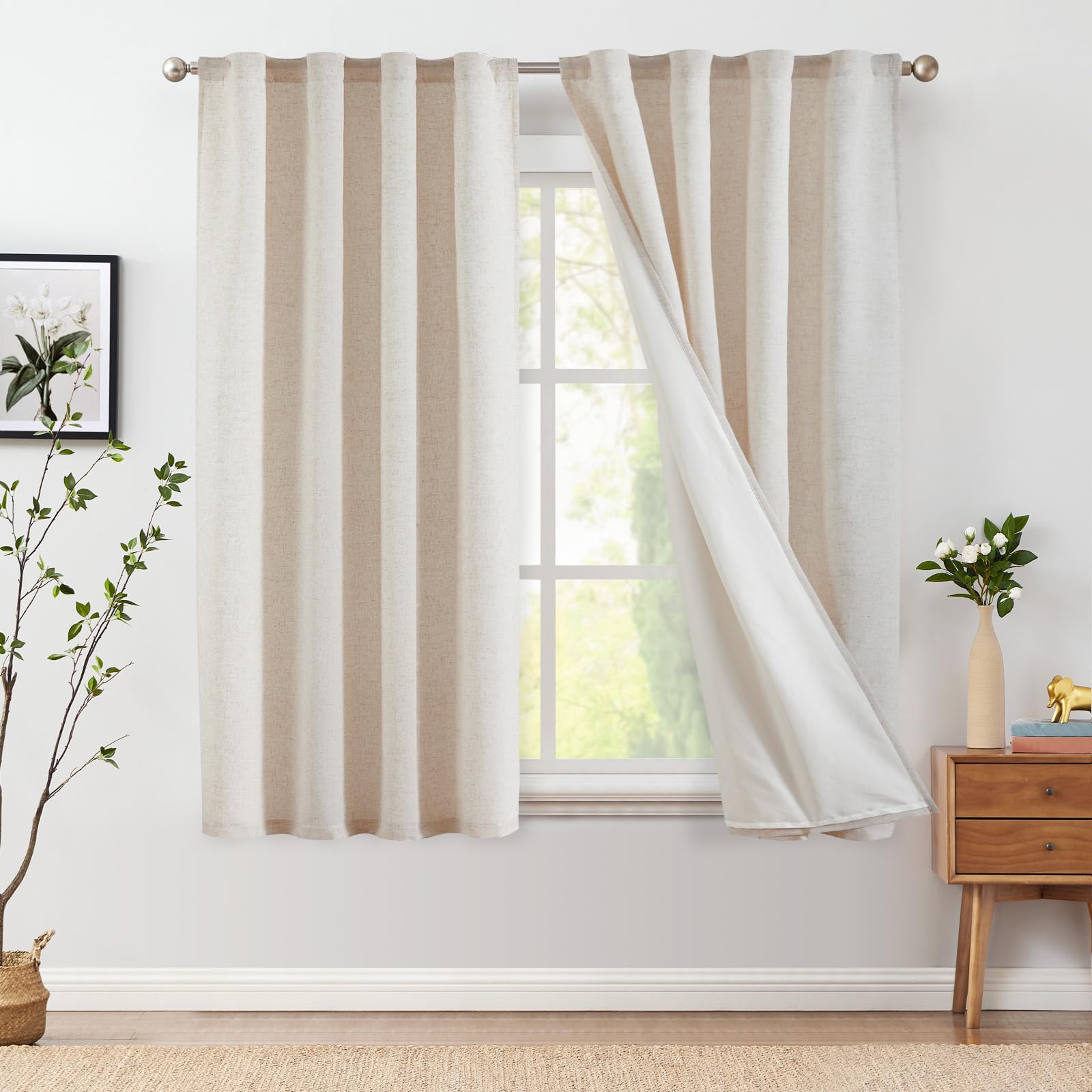 jinchan Linen Beige Curtains 63 Inch Length for Living Room Farmhouse Rod Pocket Back Tab Light Filtering Window Drapes with Lined for Bedroom Crude 2 Panels