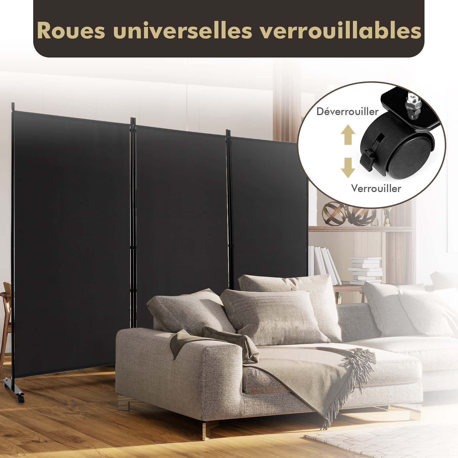 COSTWAY 262x180cm Paravent Intérieur 3 Panneaux à 8 roulettes, Cloison de Separation Interieur Pliable, Cadre en Metal, Tissu Polyester, Separateur de Pieces pour Salon Bureau Balcon (Noir)