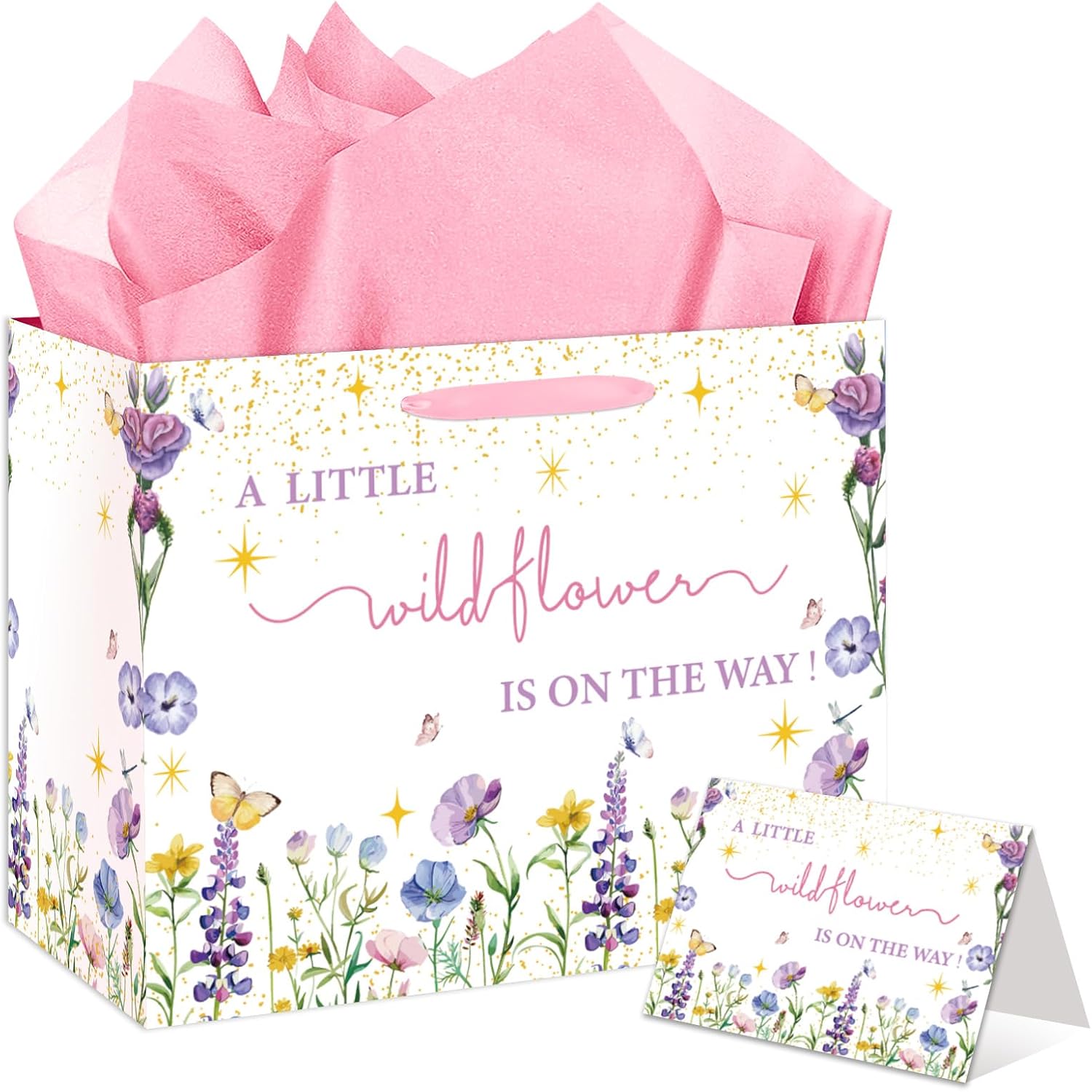 Pink Wildflower Baby Shower Party Gift Bag Large Gender Reveal Gift Bag with Card & Tissue Paper A Little Wildflower is On The Way wrapping paper for Baby Girls & Birthday Party Favor Decor Supplies