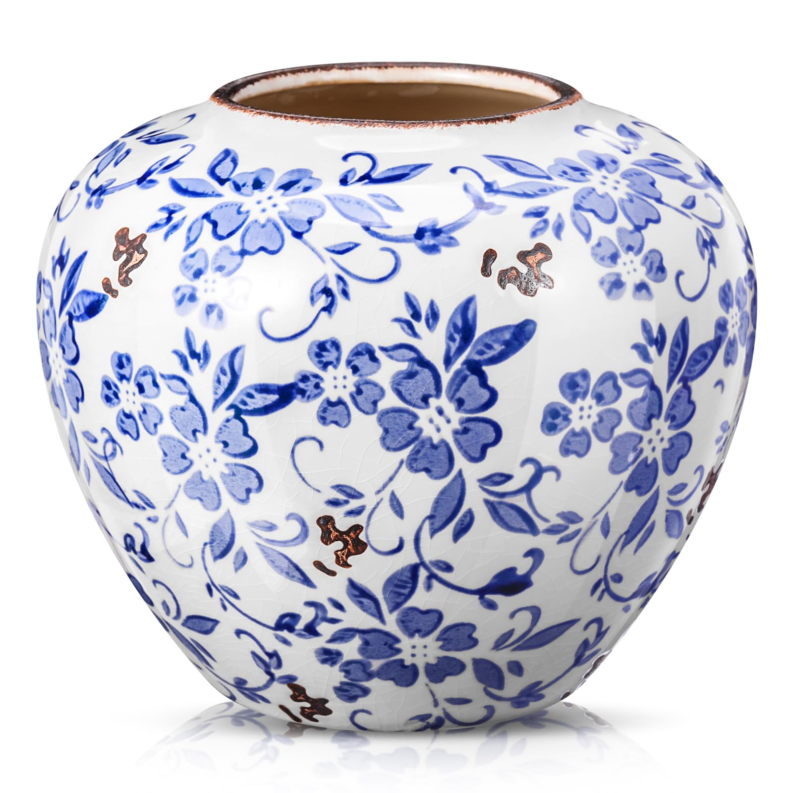 blue and white vases ceramic vintage chinoiserie floral 6.69" h terracotta round rustic pottery large crackle finish vase for centerpieces home farmhouse modern decor living room decoration