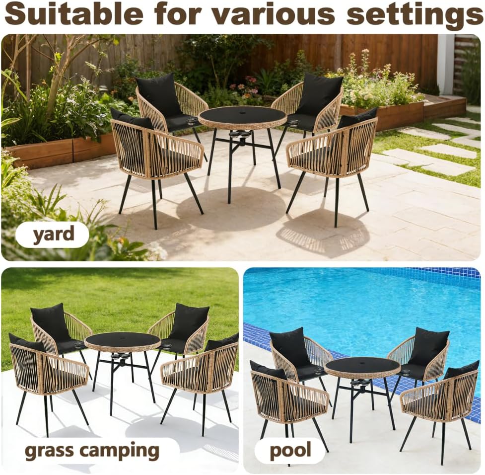5-Piece Outdoor Patio Dining Set with 4 Cushioned Wicker Chairs and Round Glass-Topped Table for Backyard Garden or Poolside Use, All-Weather Rattan Furniture