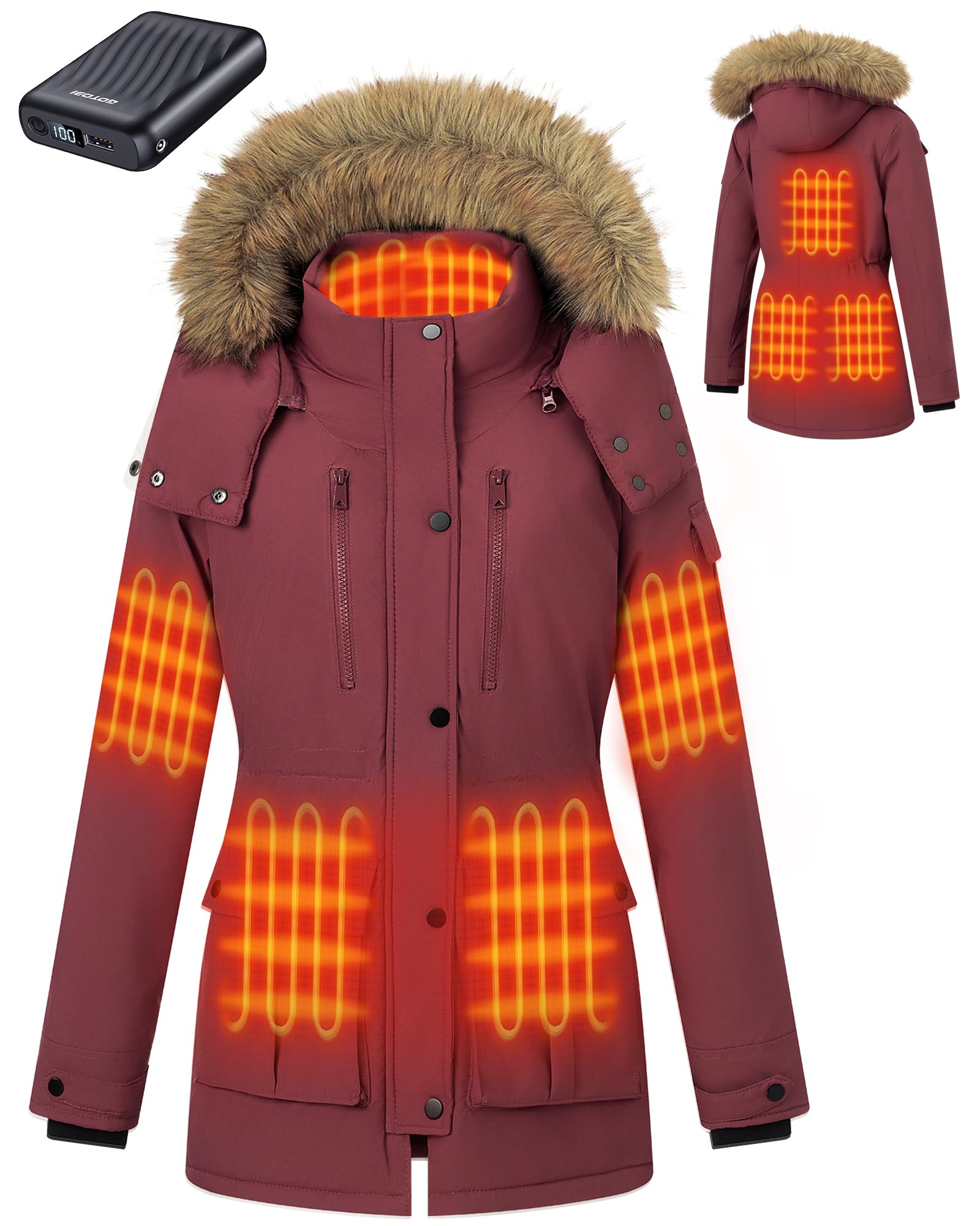 GOTOBI Heated Jackets for Women with 18400mAh 12V Battery Pack - Windproof Parka Womens Heated Jacket with Detachable Hood