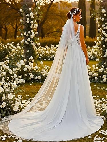 Miniatura 4 de EASEDAILY Velo de novia de 118 pulgadas de largo, velo de novia de longitud catedral, 1 lazo de velo de tul para novia, velo capilla con peine