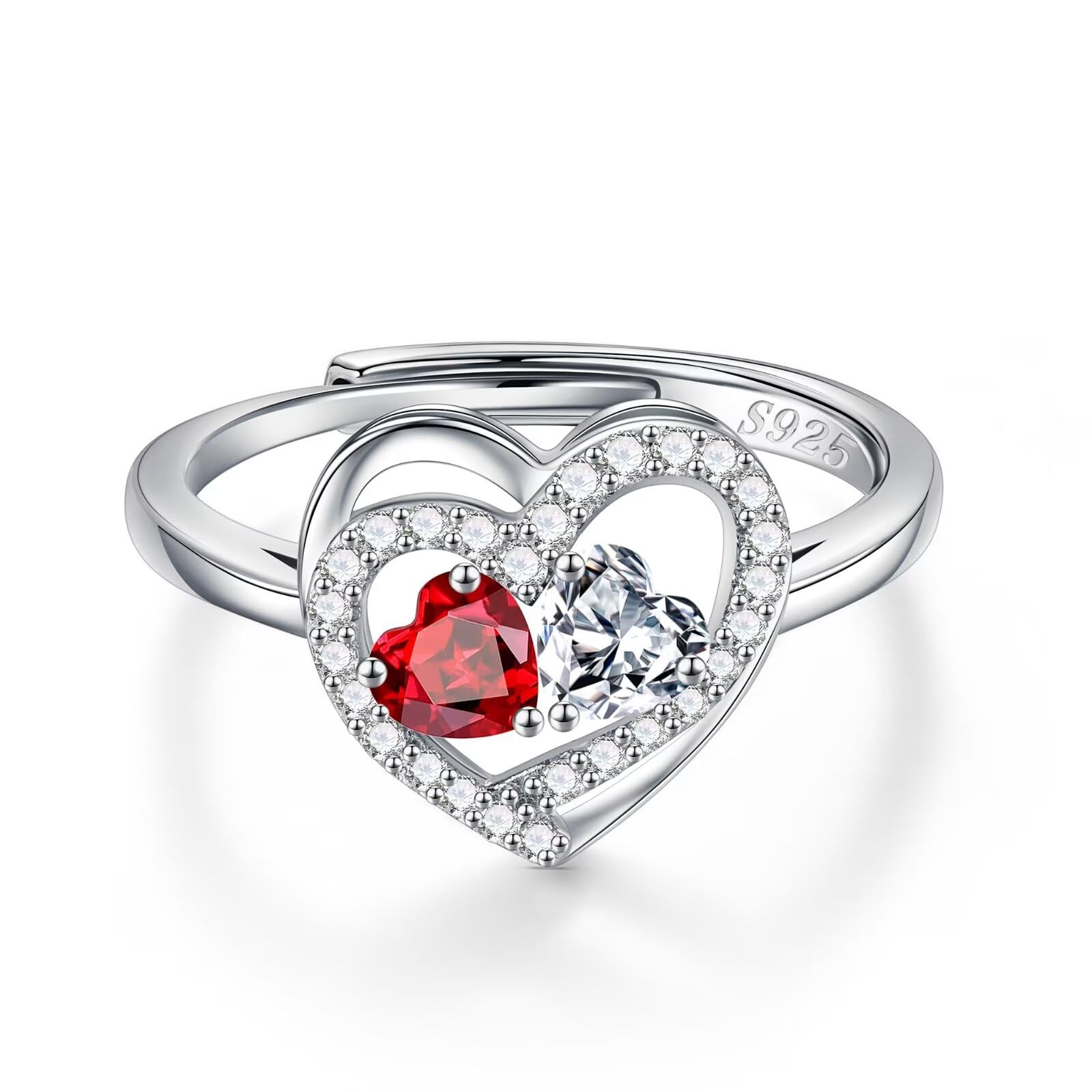 Iefil Adjustable Ring for Women - 925 Sterling Silver Double Birthstone Rings, Anniversary Birthday Gifts for Women Wife Her