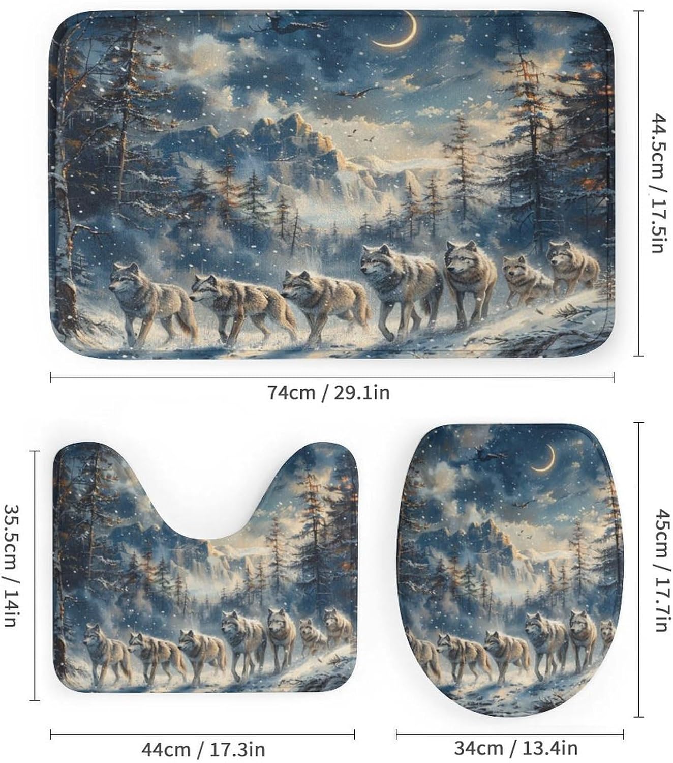4Pcs Winter Forest Wolf Shower Curtain, Fantasy Star Moon Snowy Mountain Shower Curtain Sets with Toilet Lid Cover, U-Shaped Mat and Non-Slip Rugs, Bathroom Decor Set, 72" x 72"