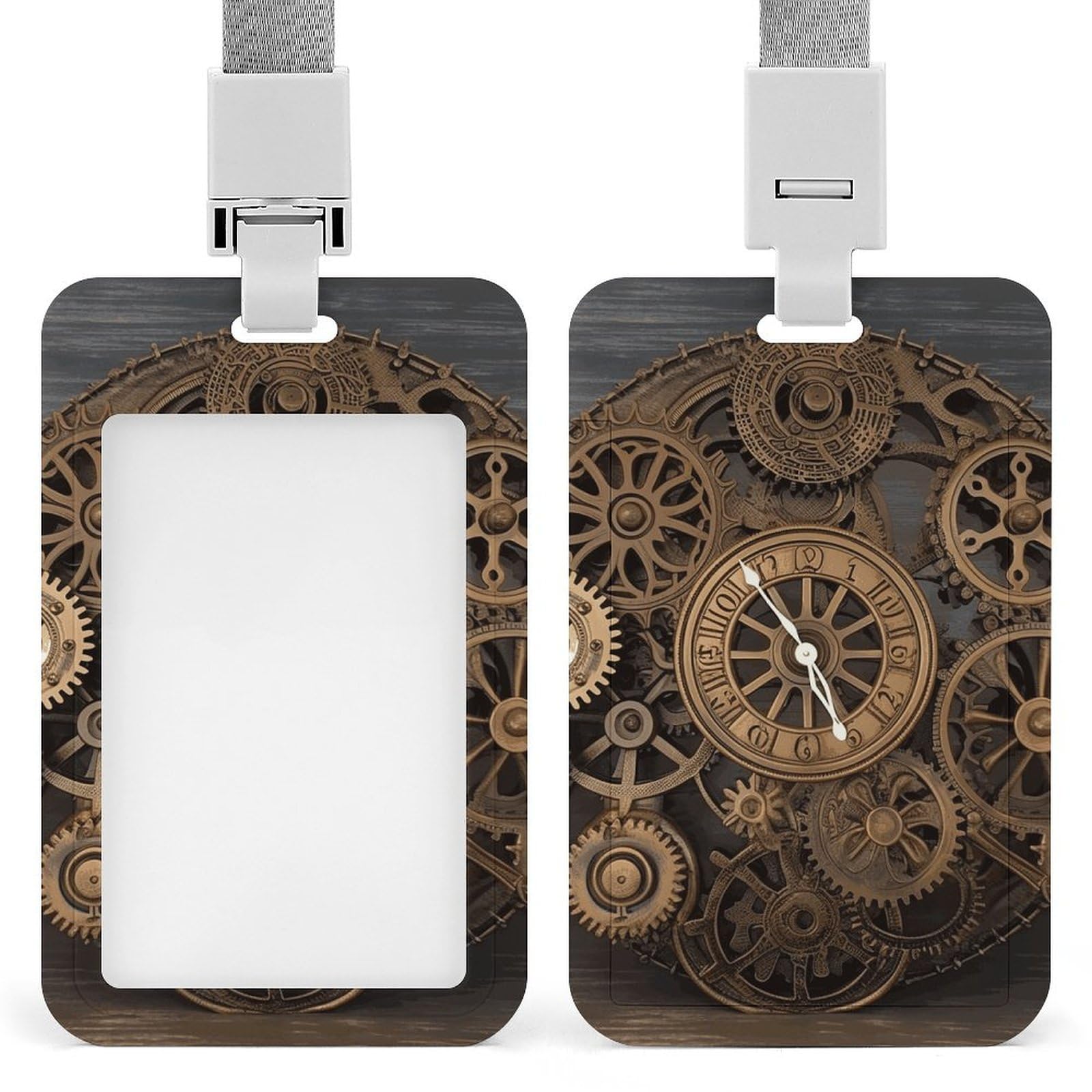 ID Card Holders for Lanyard,Steampunk Gears Clock Printed Badge Holder with Clear Window,Plastic Vertical Bus Pass Holders for Work Teacher Nurse Employees Proximity Key Cards Women Men