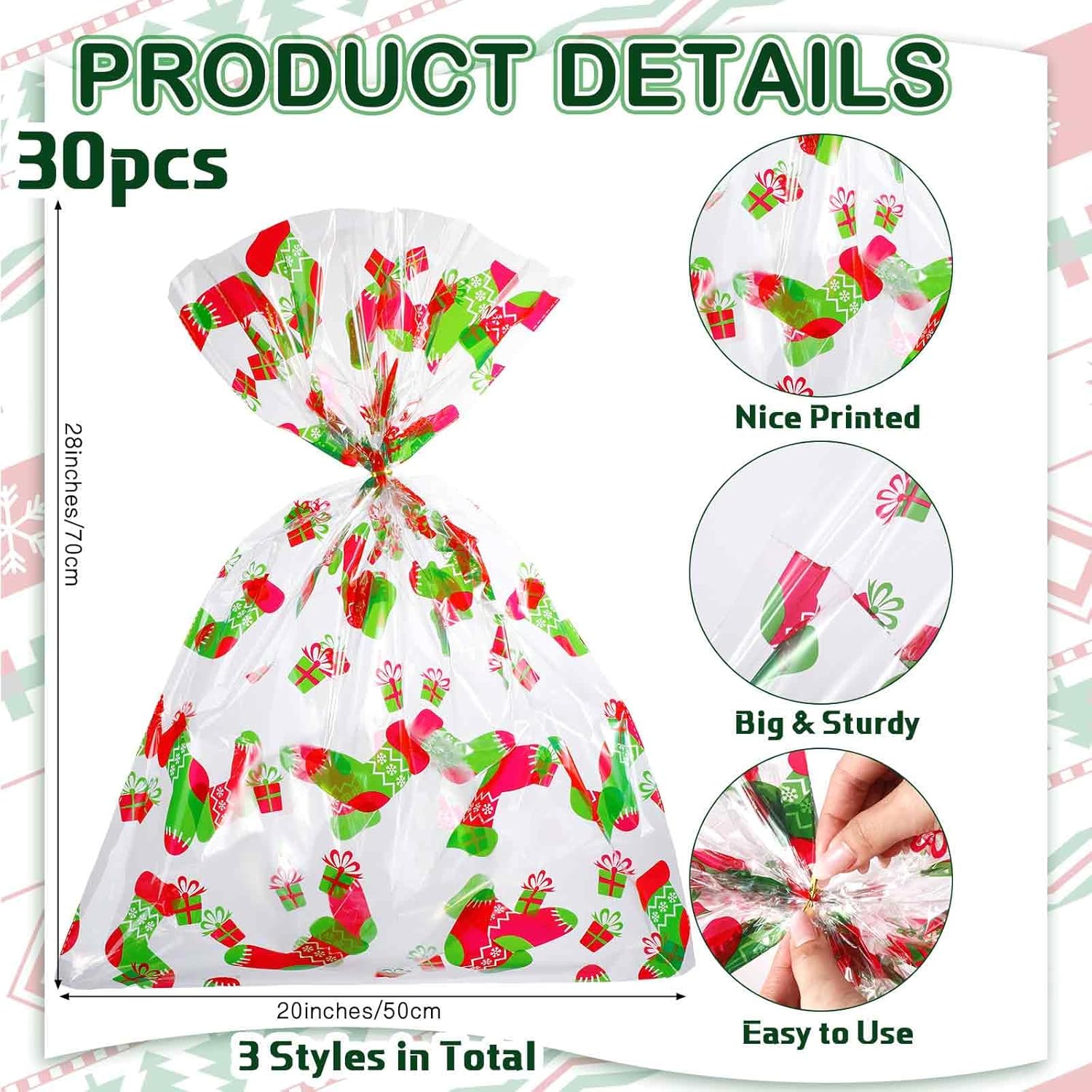Cholemy 30 Pcs Large Christmas Cellophane Gifts Basket Bags 19.7" x 27.6" Jumbo Clear Red Green Plastic Goodies Bags Winter Holiday Gifts Wrap with Twist Ties for Xmas Treat Cookie Party Favors Craft - Image 2
