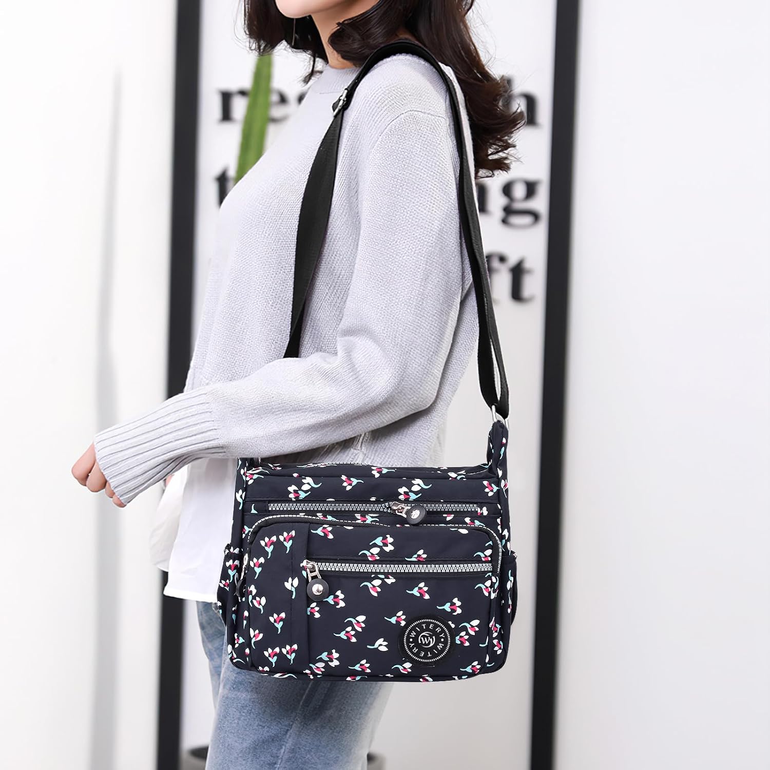 WITERY Nylon Shoulder Bags for Women - Multi-Pocket Zipper Waterproof Travel Purse Casual Small Lightweight Messenger Bag - Image 3