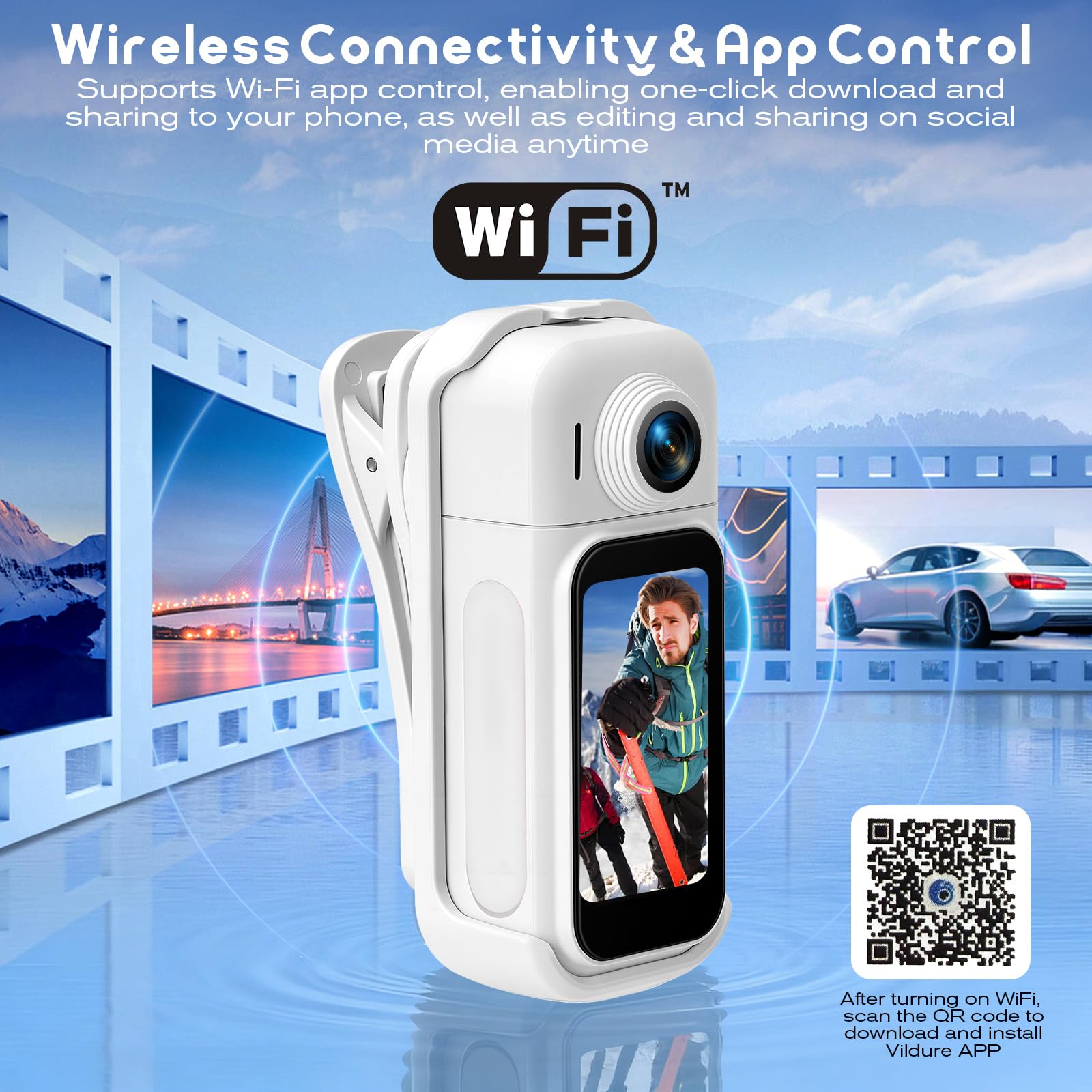 360° Mini Action Kamera mit Touchscreen, Action Body Cam, 30m Wasserdicht, 8h Akku, 120° Weitwinkel, inkl. 8h Akku Laufzeit, 64GB Speicher, Fahrradhelm Kamera für Motorrad, Tauchen, Vlog (weiß)