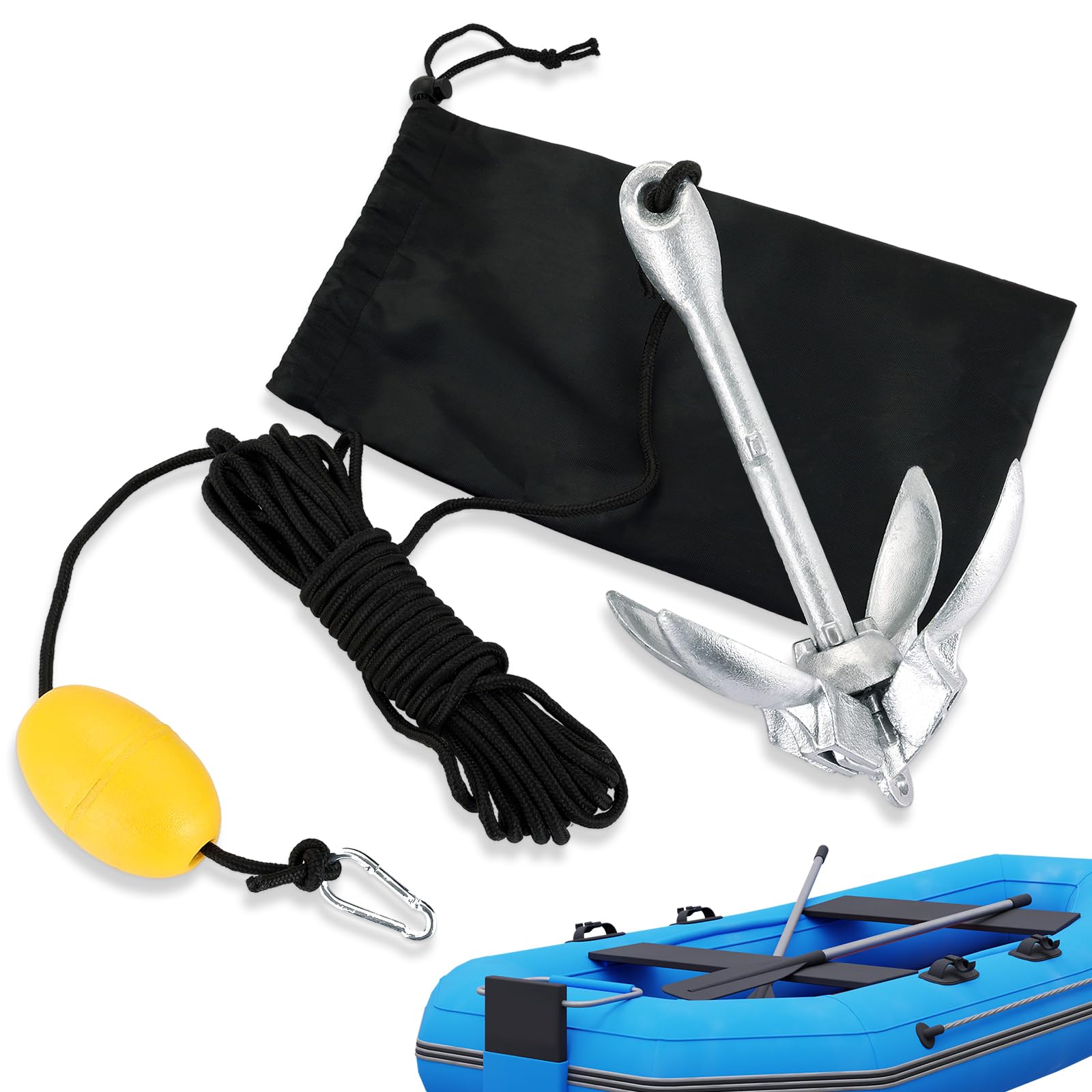 DASBET Anclaje plegable para kayak, 1,5 kg, ancla compacta con 12 m x 6 mm, kit de anclaje para tabla de remo de pesca, kayaks, canoas, motos acuáticas