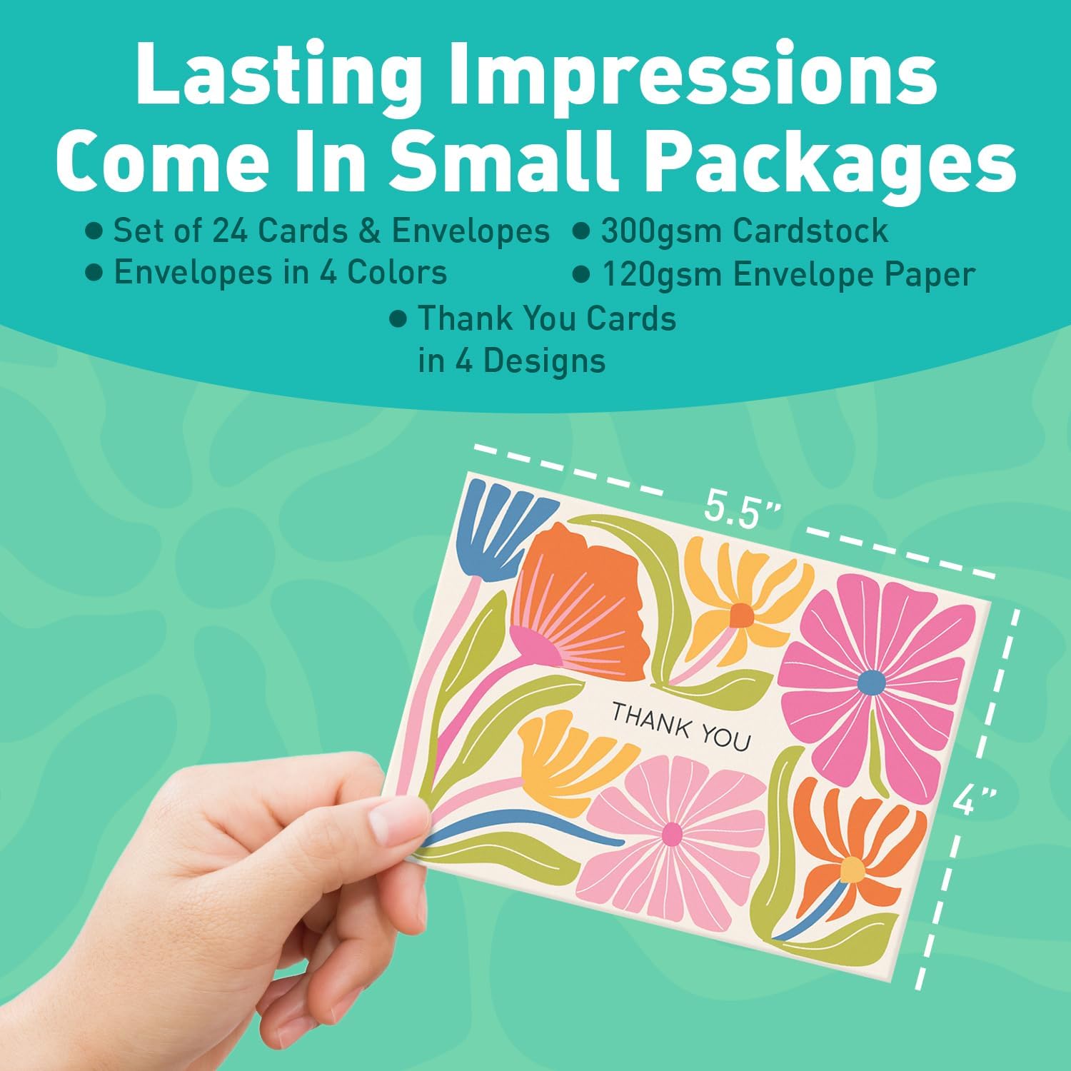 S&O Thank You Cards with Envelopes - Blank Stylish papers for Handwritten Messages -Set of 24 decor sheets and Envelopes - Assorted cute Cards with Stylish Color covers to Mix & Match - Image 2