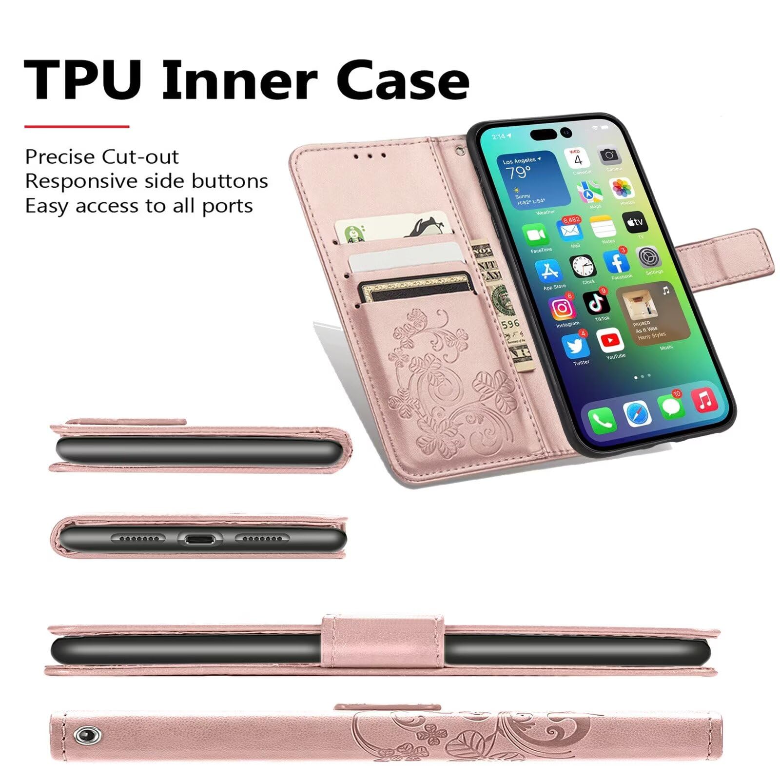 RankOne Skórzane etui do Motorola Moto Edge 60 / Edge 60 Fusion (6,67" cala), Wallet Case z 3 przegródkami na karty 1 przegródka na monety czterolistny wzór koniczyny - niebieski