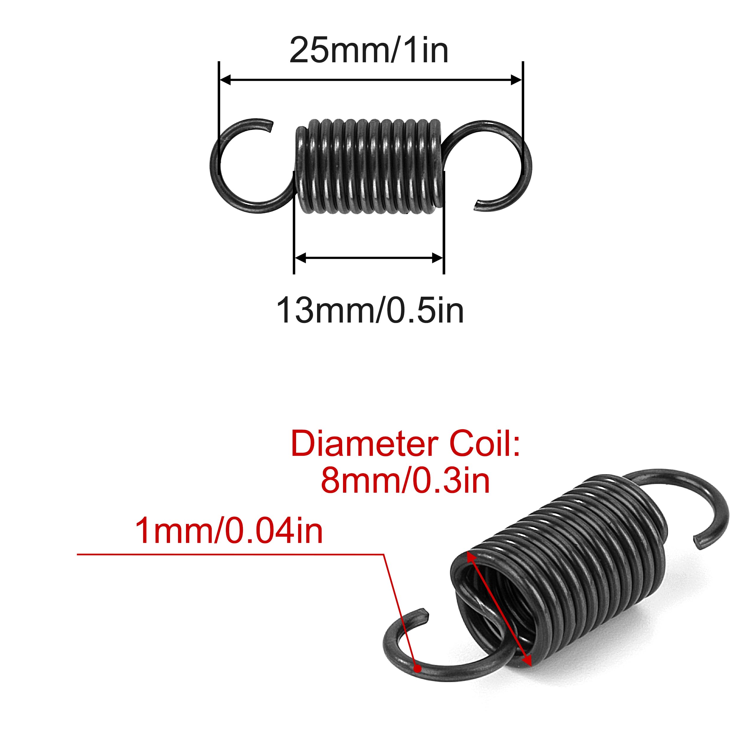 Sprężyny przedłużające 25 mm Sprężyny naciągowe z hakiem Fortepian Wire Sprężyna Średnica zewnętrzna 8mm Średnica drutu 1,0 mm Siła Sprężyna 2,5 kg 10 sztuk