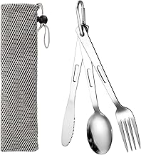 3 piezas Cubiertos para Llevar,Portátil Cubiertos Camping,Juego de Cubiertos Acero Inoxidable Reutilizables,con Cuchillos,mosquetones,Cuchara,Tenedores,Bolsa de Almacenamiento