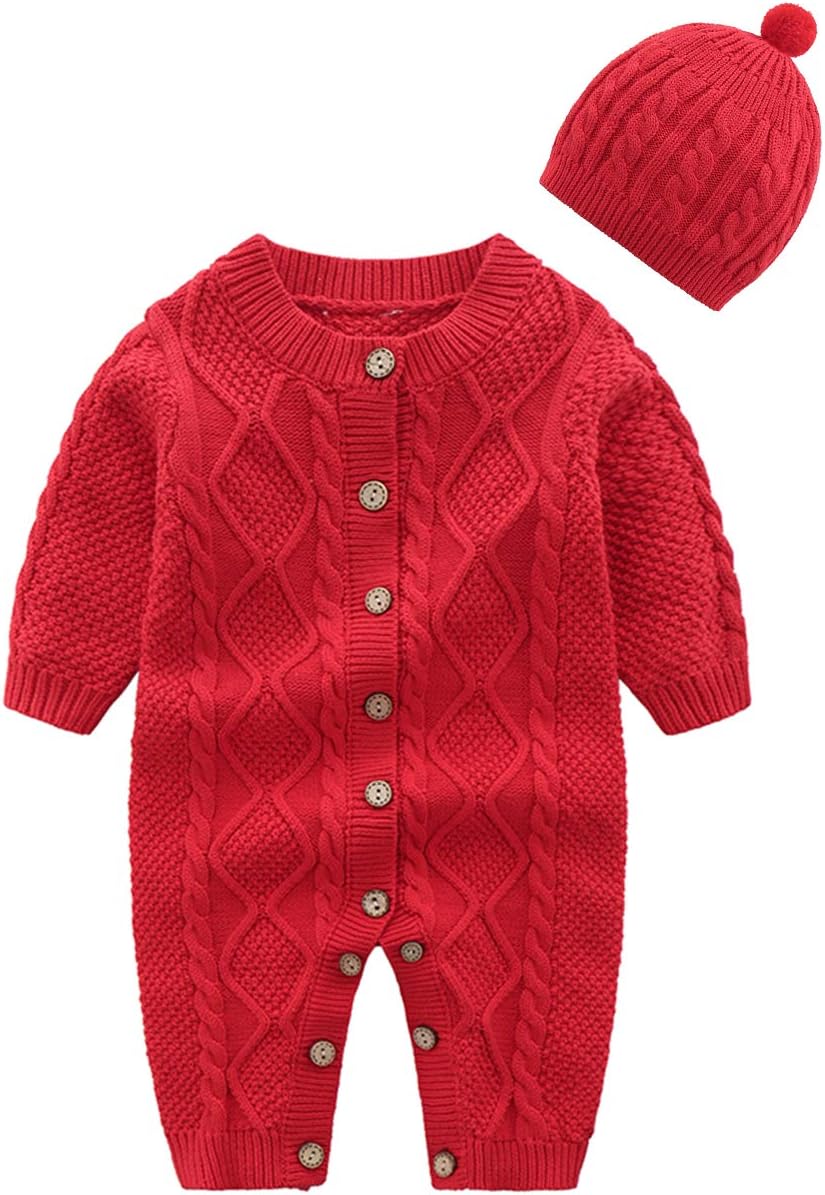 JunNeng Baby Newborn Cotton Knitted Sweater Romper Longsleeve Outfit with Warm Hat Set