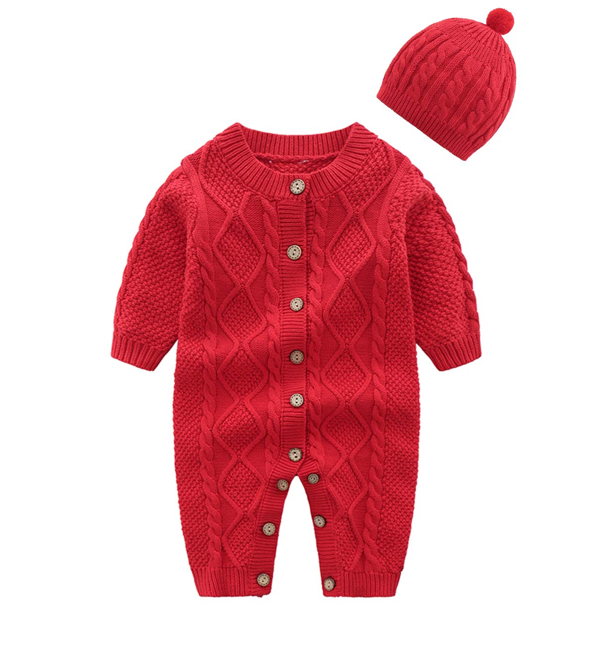 JunNeng Baby Newborn Cotton Knitted Sweater Romper Longsleeve Outfit with Warm Hat Set
