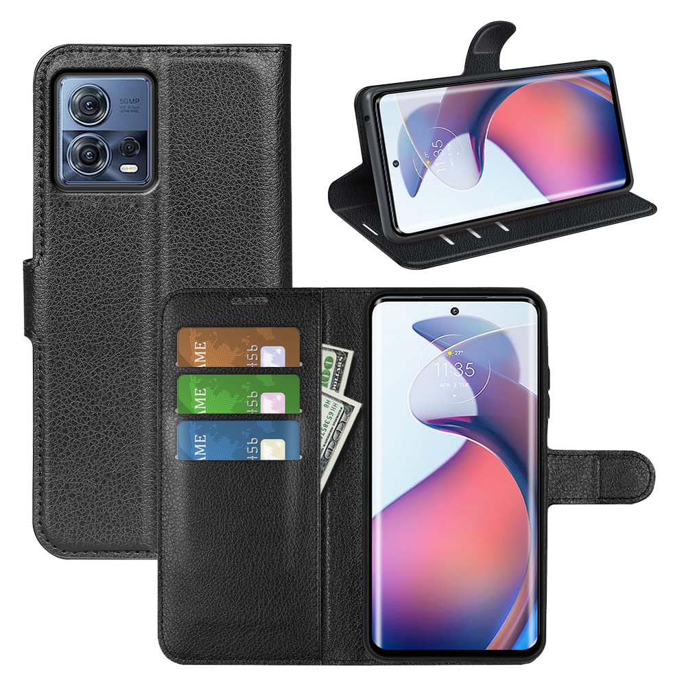 ROVLAK Case compatible with Mototola Moto S30 Pro Wallet Flip Cover with Card Slot Shockproof Lichee Pattern PU Leather Case+Inner TPU Silicone Case with Kickstand Cover Case,Black