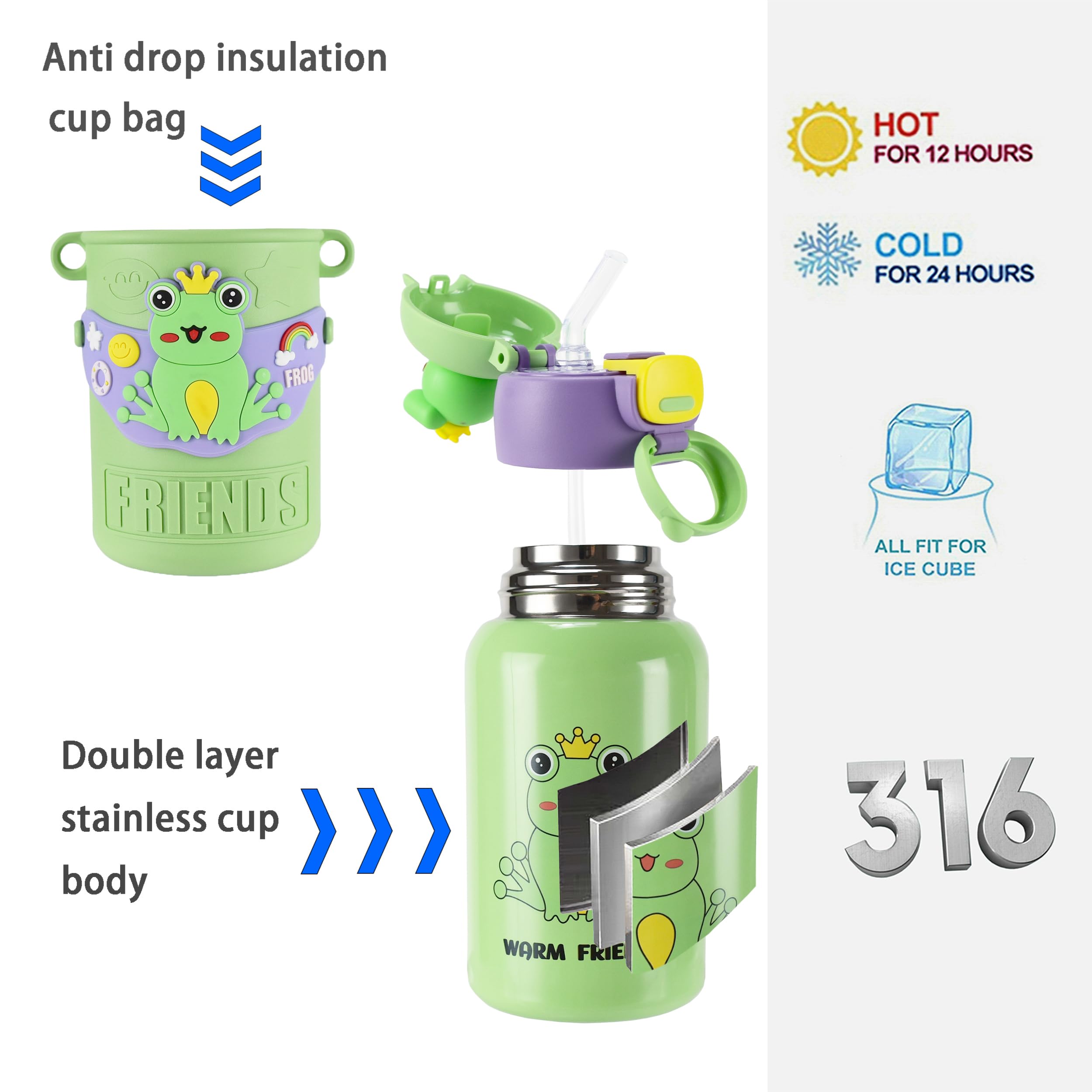 QUNUNOIRE Edelstahl Trinkflasche 500 Ml – Thermosflasche Für Kinder, Sommerflasche Mit Grüner Kappe