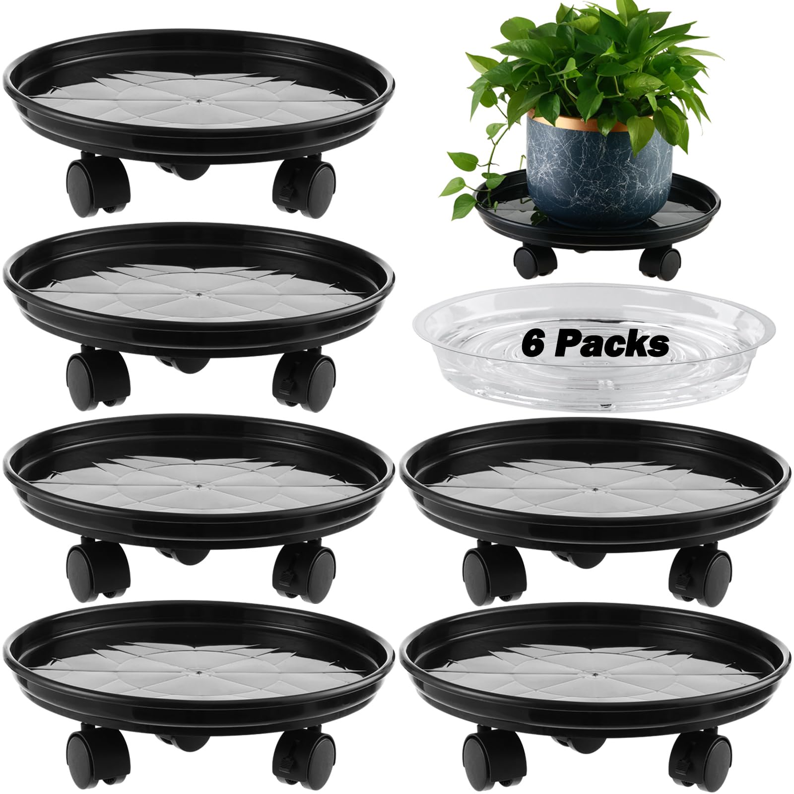 6 packs 15' extra-large plant caddy saucers on wheels rolling stands heavy-duty dolly plastic planter roller base pot movers outdoor tray coasters, clear x 6