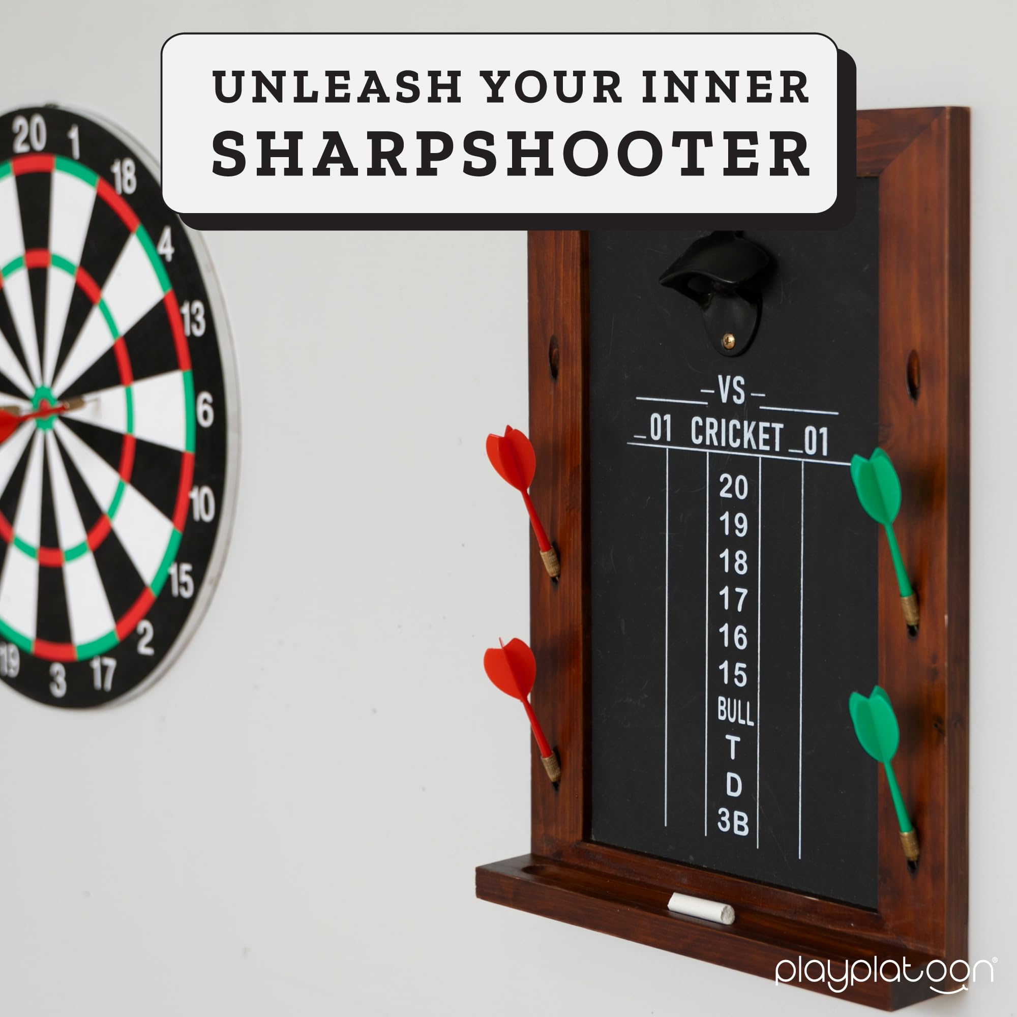 Play Platoon Dart Anzeigetafel & Darthalter Wandhalterung mit Flaschenöffner - Holz Score Board Professionelles Dartzubehör Darthalter