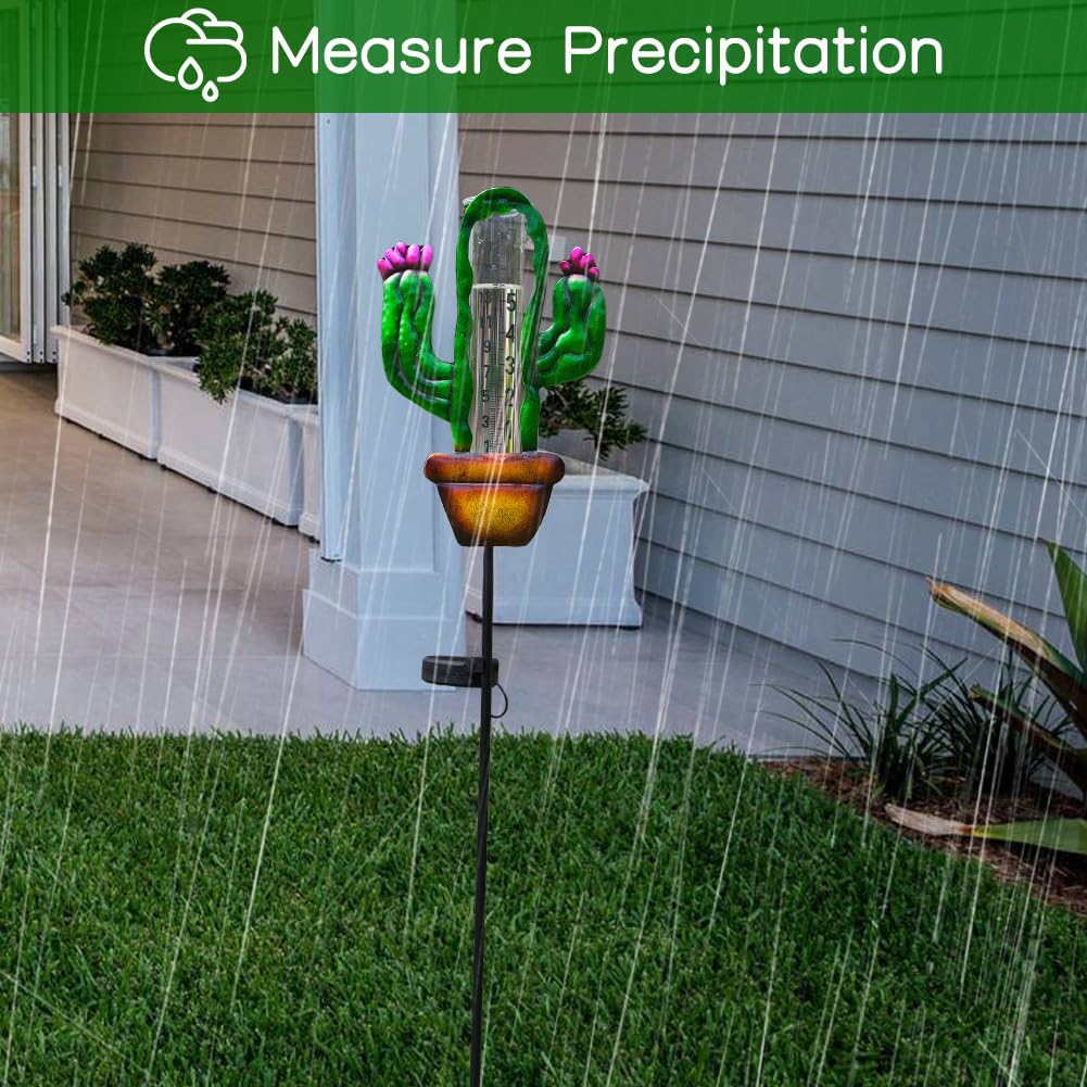 Stargarden Pluviometro solare per esterni, a forma di cactus, a energia solare, 17,8 cm, con paletto in metallo, misura decorativa per prato, patio, cortile, giardino
