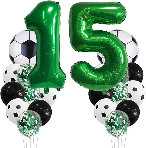 Decoraciones de fiesta de cumpleaños de fútbol para niños y niñas, temática de bola de 15 años, globo de números de decoración de globos verdes de