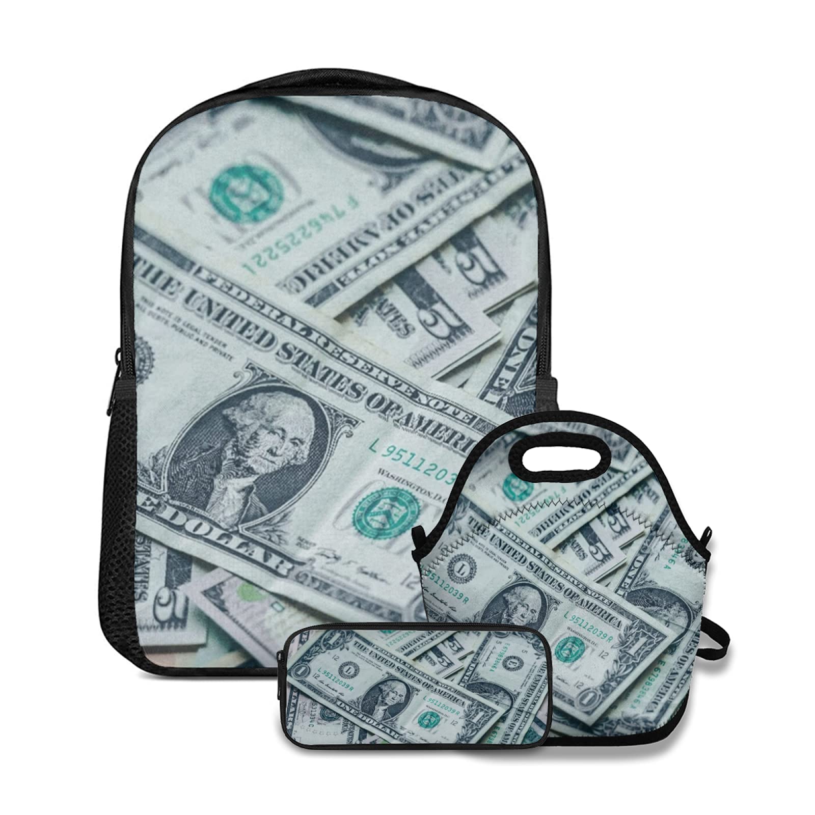 Juego de mochila escolar, billetes de banco de abundancia, billetes de dólares estadounidenses, con bolsa de almuerzo y estuche para lápices, para niñas, niños, adolescentes, bonita mochila escolar
