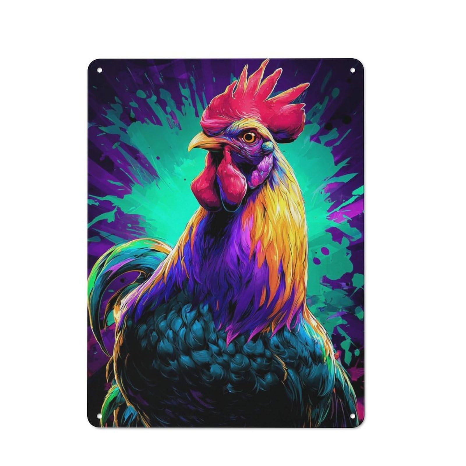 Junmoney Colorful Rooster Artwork-3 Rustic Tin Sign 40X30cm For Lounge Or Reading Corner, For Metal Sign Collectors, For Cafés, Pubs And Restaurants