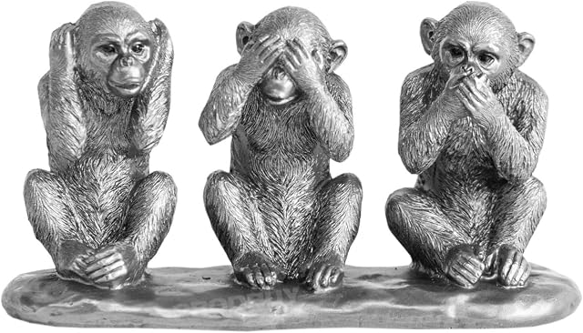 Resin Highly Detailed Three Wise Monkeys on Base Ornament Statue Figurine Sculpture (Silver)