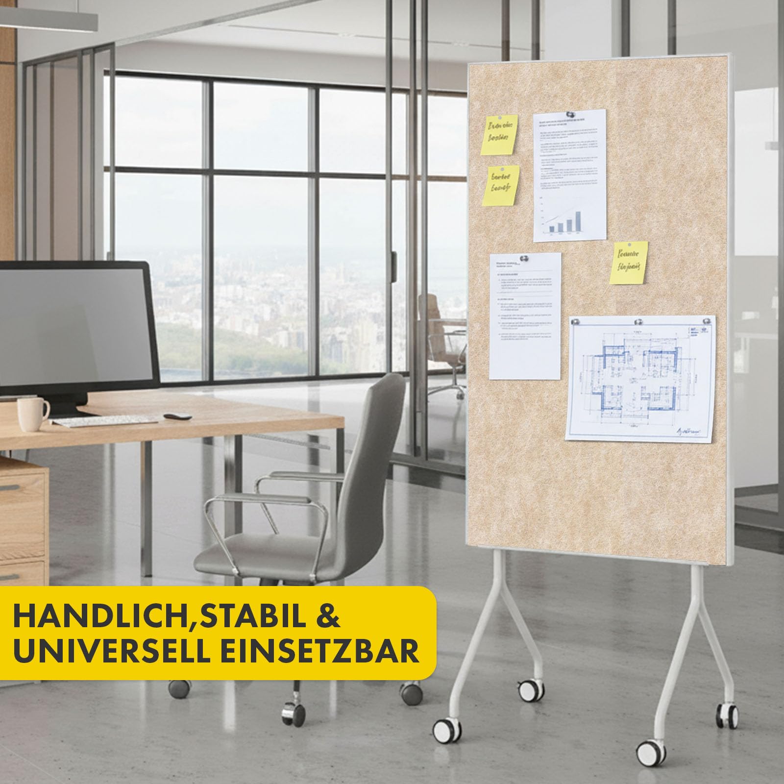 OfficeMarshal Moderationwand Doppelseitig 80 x 120 cm Präsentationstafel mit feststellbaren Rollen - Filztafel Pinnwand - Stabiler Metallrahmen - Giant (Beige)