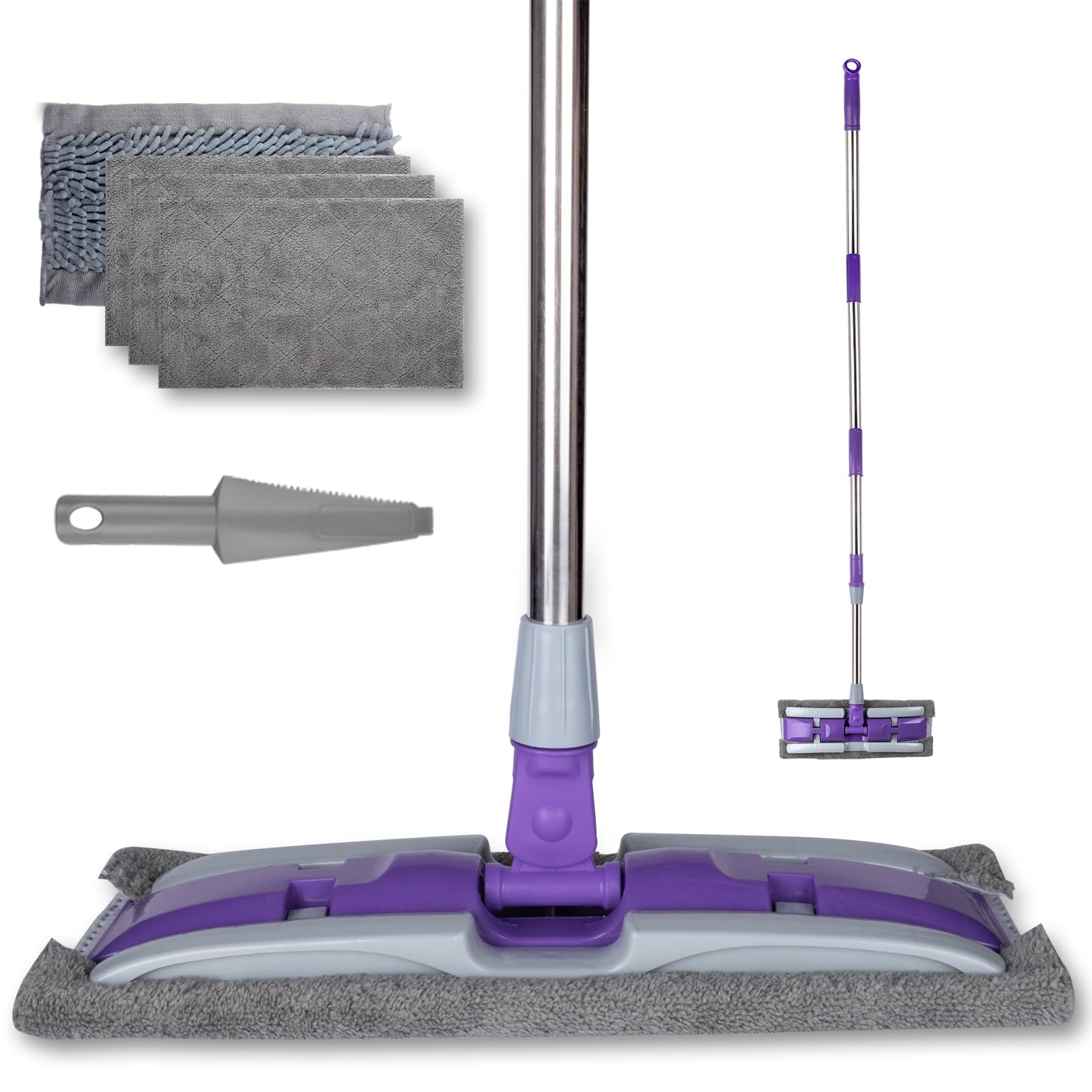 Balai plat en microfibre avec manche télescopique en acier inoxydable et 4 serpillères