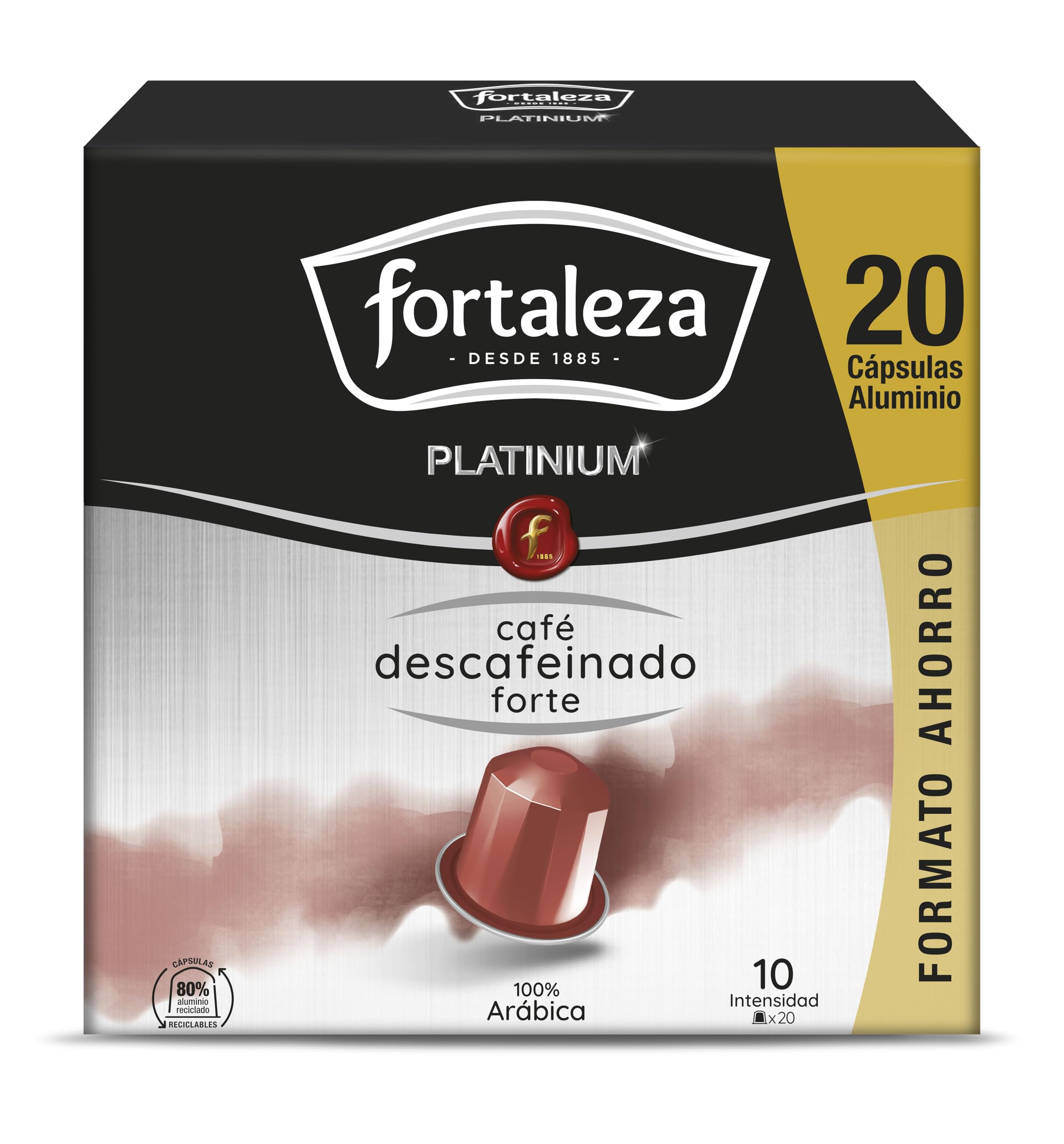 CAFÉ FORTALEZA Cápsulas Aluminio Compatibles con Nespresso Descafeinado Forte Pack 8x20 - Total 160 uds - Cápsulas Café Descafeinado Intenso con Tueste Natural - Cápsulas de Café Reciclables