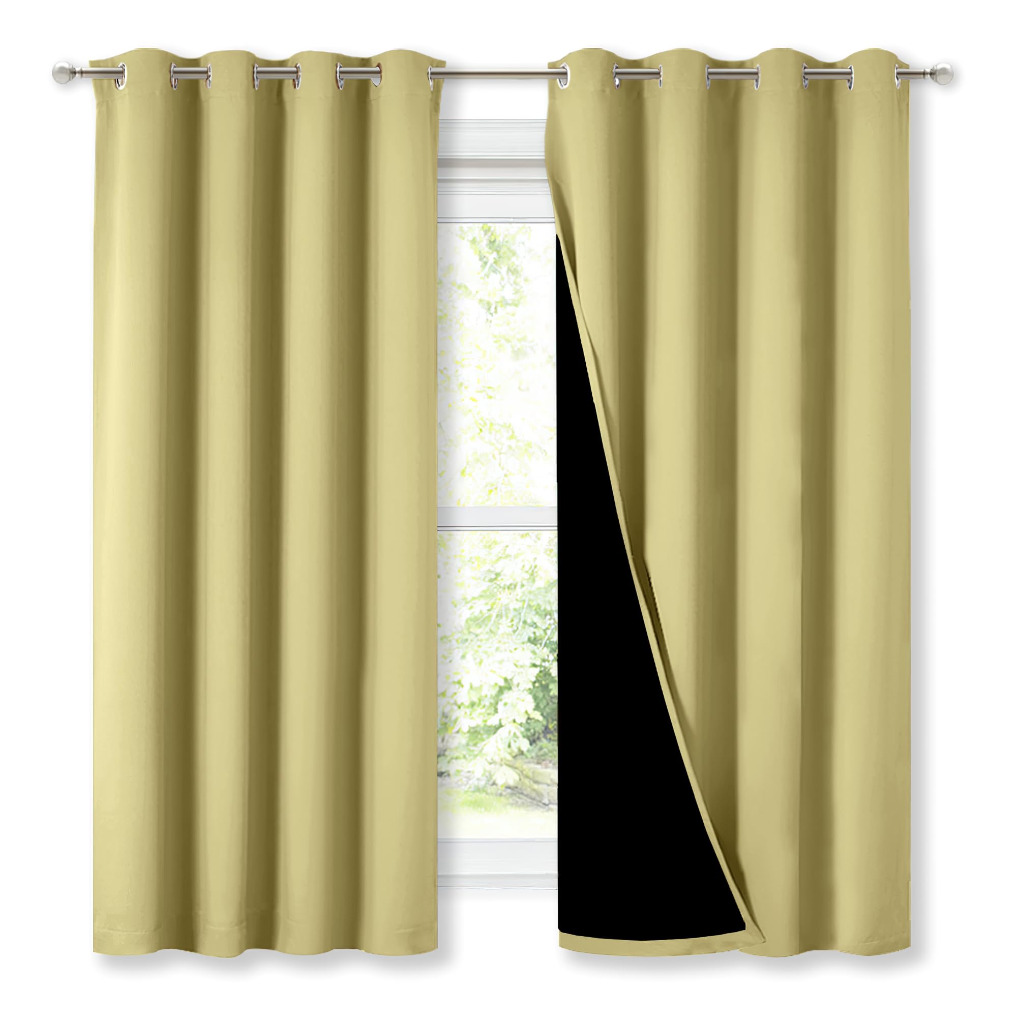 NICETOWN 100% Blackout Curtains with Black Liners, Thermal Insulated Full Blackout 2-Layer Lined Drapes, Energy Efficiency Window Draperies for Bedroom (Paler Yellow, 2 Panels, 52-inch W by 63-inch L)